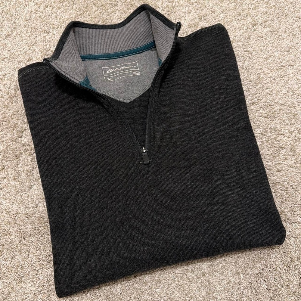 Vintage Eddie Bauer Quarter-Zip Pullover | Charcoal Gray‎ with Teal Trim | Large